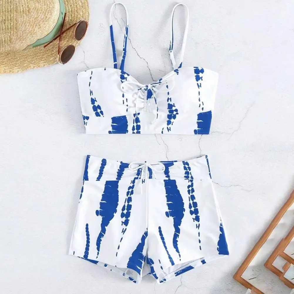 High waisted swimsuit contrasting lace spaghetti strap bikini set with push up pad top waist bottom femaleW241225