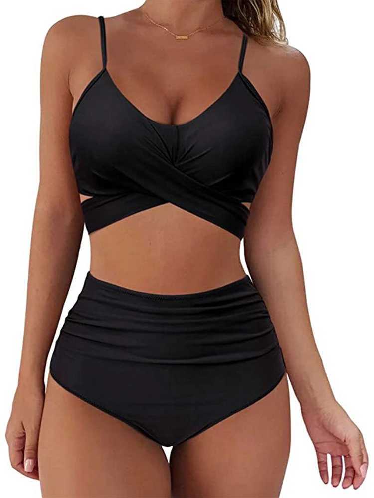 Womens high waisted push up swimsuit sexy leopard print cross bandage swimsuit womens bikini set plus size swimsuit 2024W241225