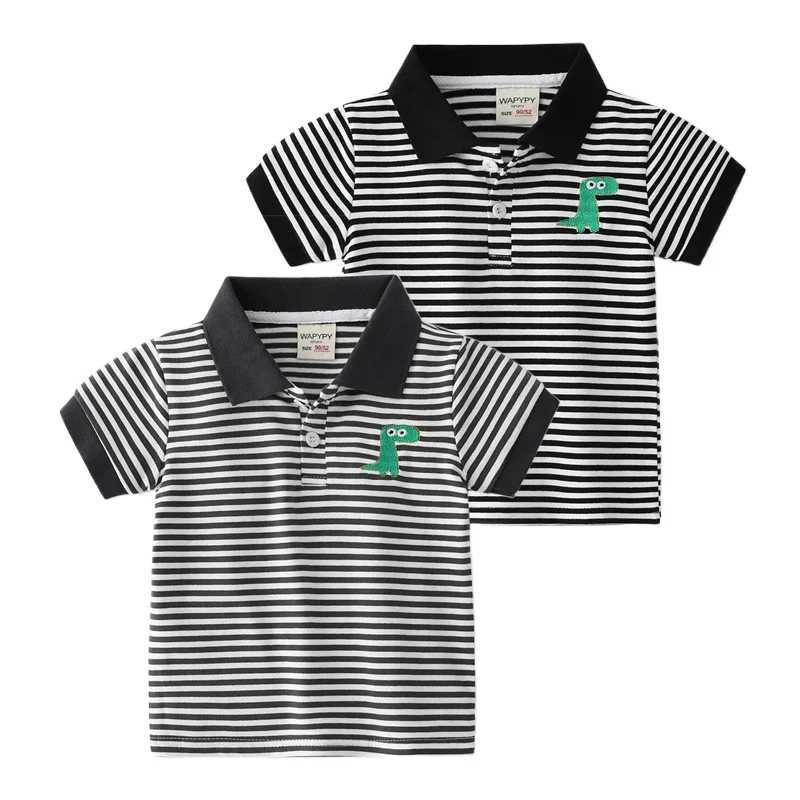 Kids Embroidered Dinosaur Short Sleeve T-shirt Summer Boys Loose Striped Polo Shirt Breathable Cotton for Ages 3-8XJ241225