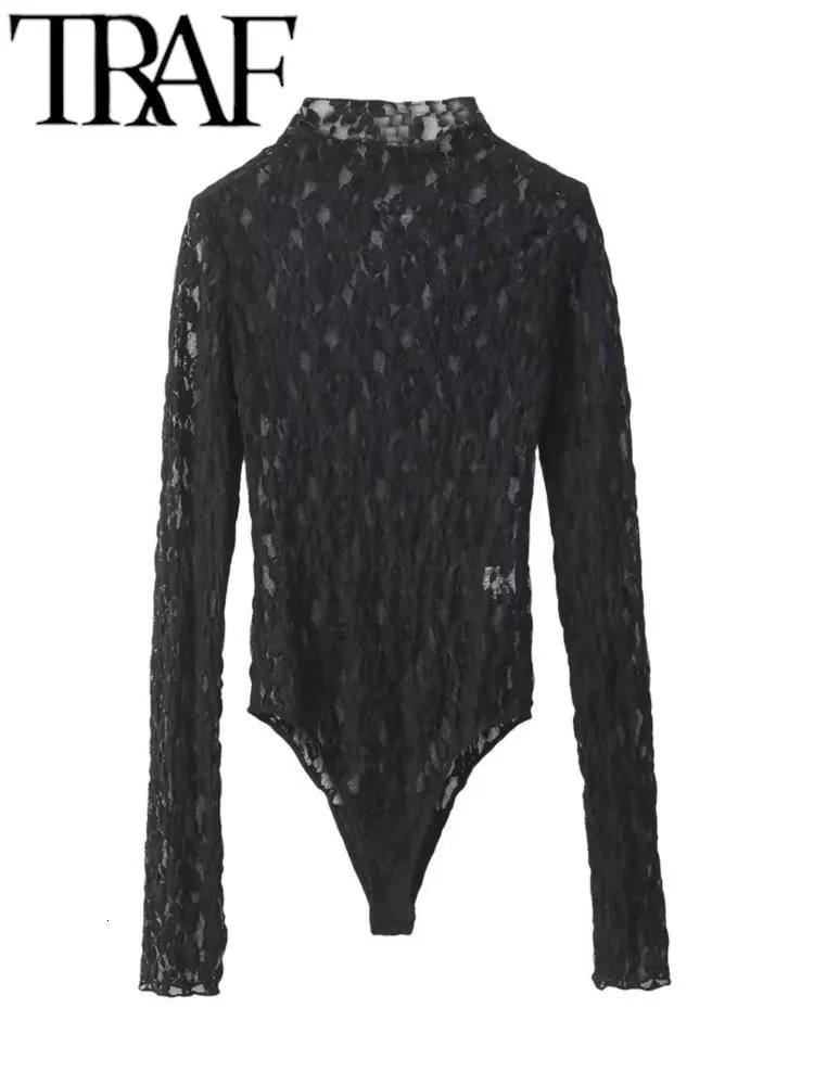 TRAF Sexy Sheer Lace Women Bodysuit Spring Mock Neck Slim Long Sleeve Top Female Playsuit Y2K Jumpsuits Black 241225