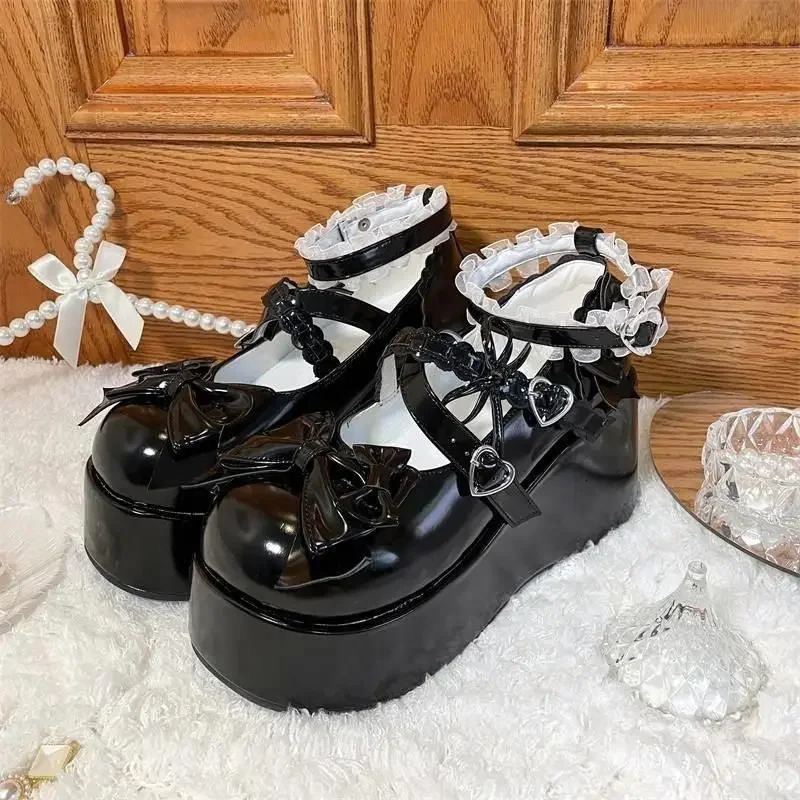 Kawaii Lace Bowknot White Lolita Shoes Women Heart Buckle Platform Mary Janes Woman Japanese Style Patent Leather Jk Shoes 241225