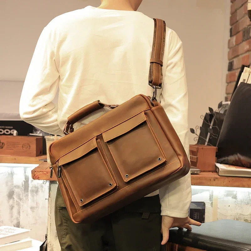 Brown Men Vintage Handbag Business Documents Briefcase Portfolio Laptop Bag Shoulder Messenger Bag Office Handbag 241225