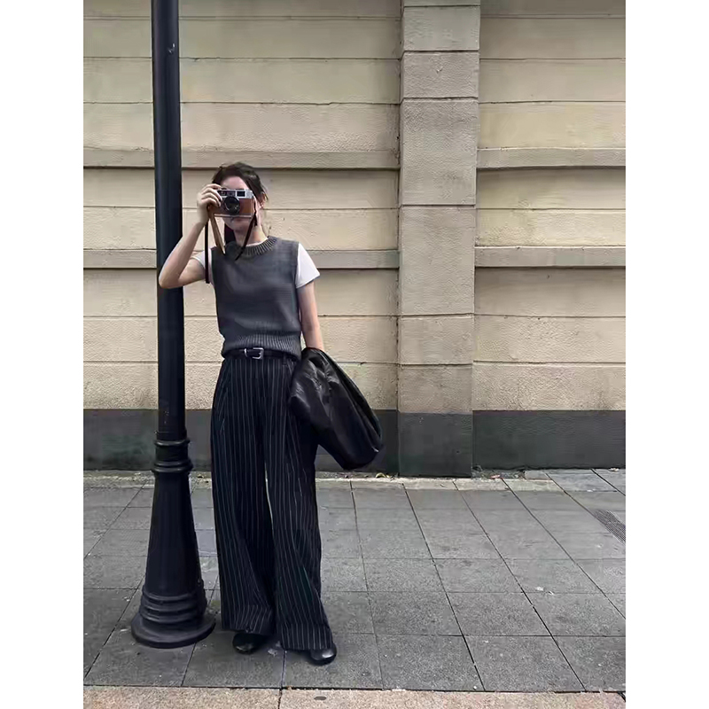 2024 Autumn New Korean Vintage Lady Black Striped Wide Leg Pant For Women High Waist Y2k Straight Loose Female Clothing Fashion