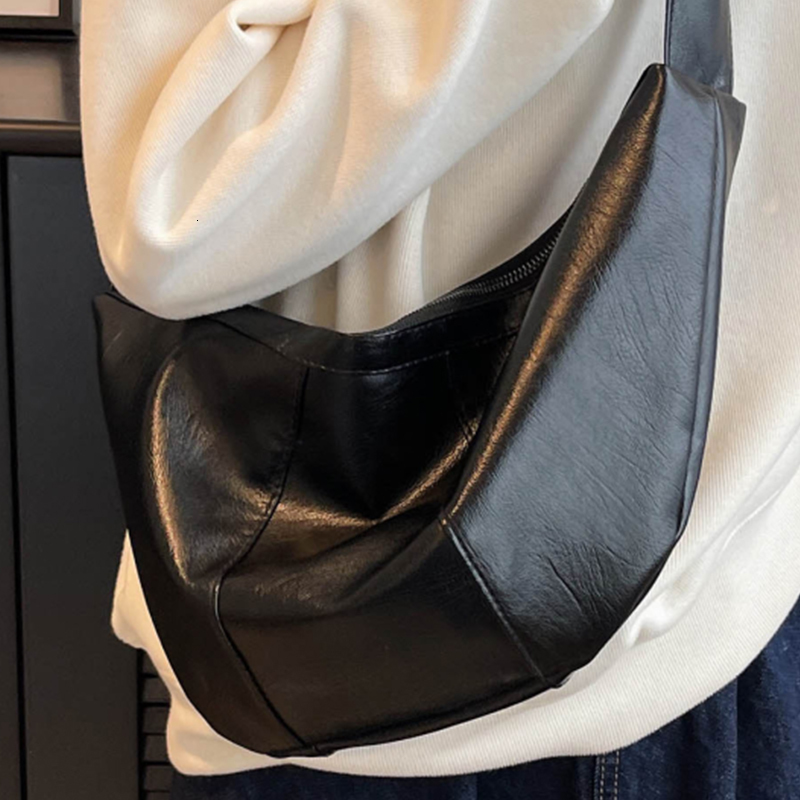 Women's Black Underarm Shoulder Bag Quality Vintage Pu Leather Ladies Half Moon Armpit Crossbody Bags Female Retro Hobos Handbag