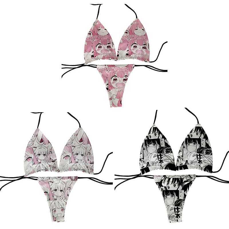 Fun Japanese sexy bikini set for women beach surfing vacation swimsuit fashionable lace thong and chest pad summer giftW241225