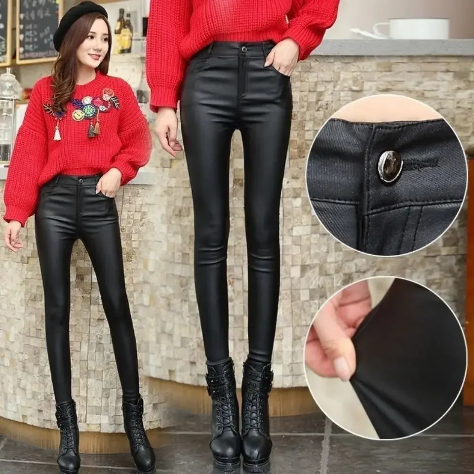 Women Pants Leather High Waist Feet Winter Black Casual Pantalones De Mujer 241223
