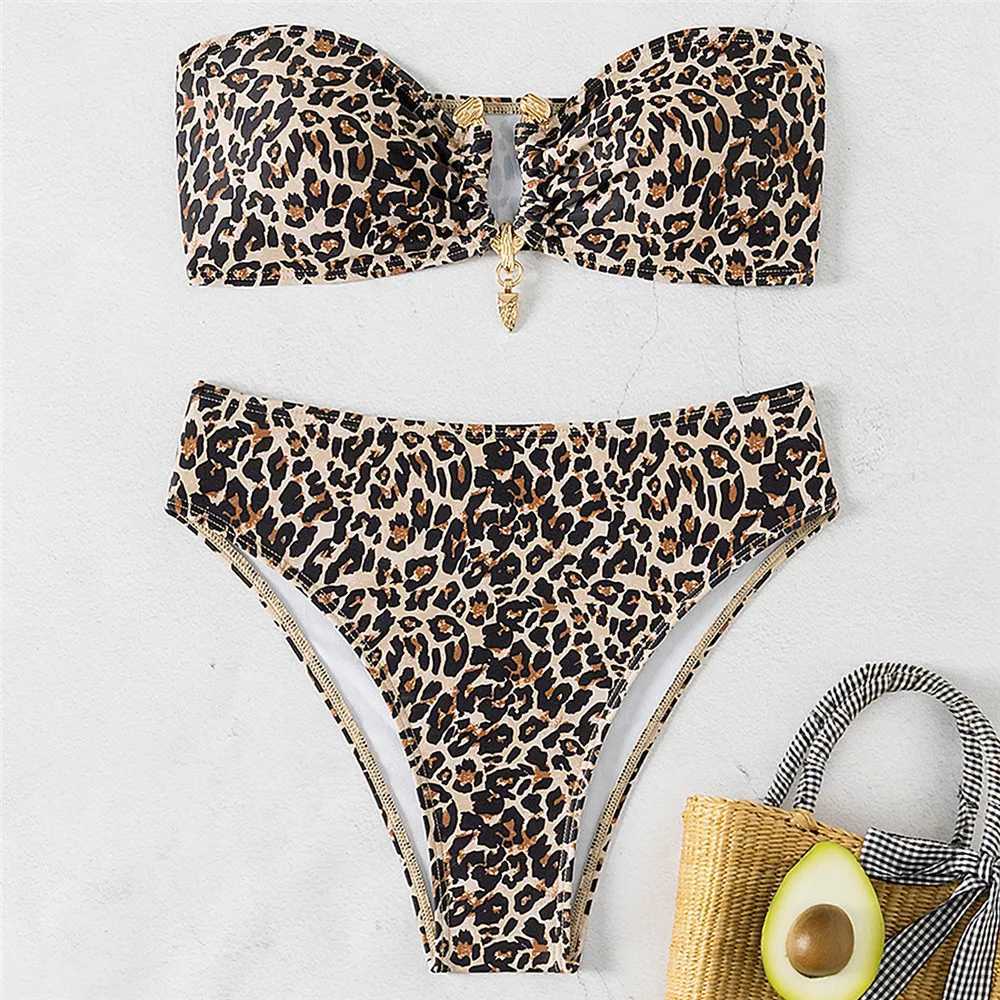 Leopard Print swimsuit Bandeau bikini set sexy swimsuit womens metal ring pleated swimsuit Brazilian bikini unprinted swimsuitW241225