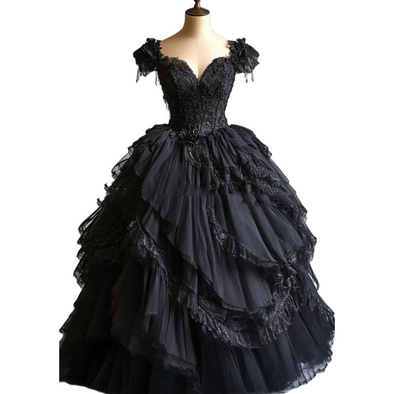 2025 Gothic Black Ball Gown Prom Dresses Off The Shoulder Tiered Floor Length Special Occasion Gowns Lace Appliques Beaded Vintage Victorian Evening D