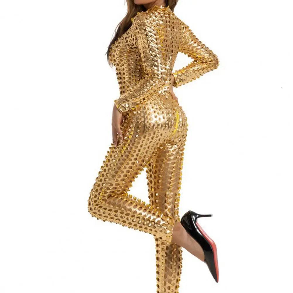 Sexy Women Jumpsuit Leather Skinny Hollow Out Hole Slim Elastic Zipper Club Party DJ Pole Jazz Dance Performance 241225