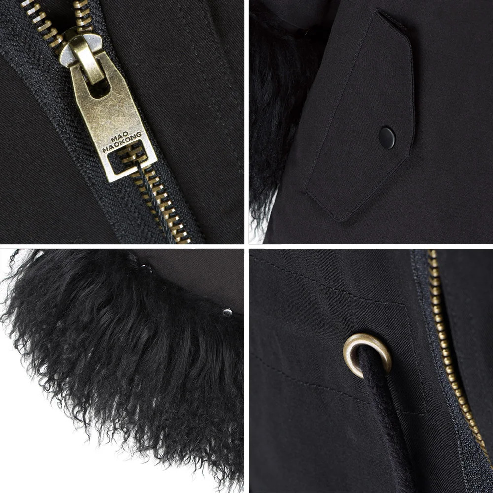 MAOMAOKONG natural wool oversized fur collar trumpet sleeve cotton loose coat Womens jacket 241220