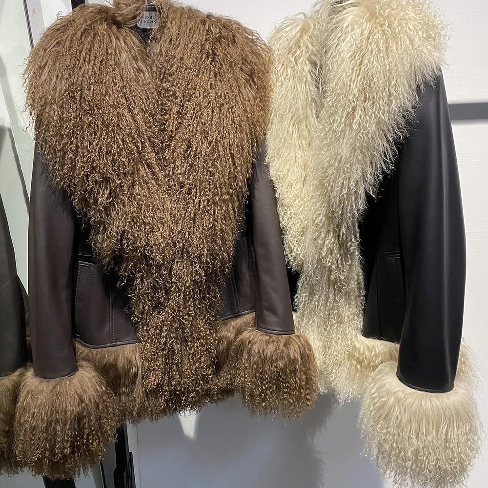 YOLOAgain Mongolia Sheep Fur Collar Real Leather Jacket For Women Sheepskin Coat 2024 Winter Outerwear 241225
