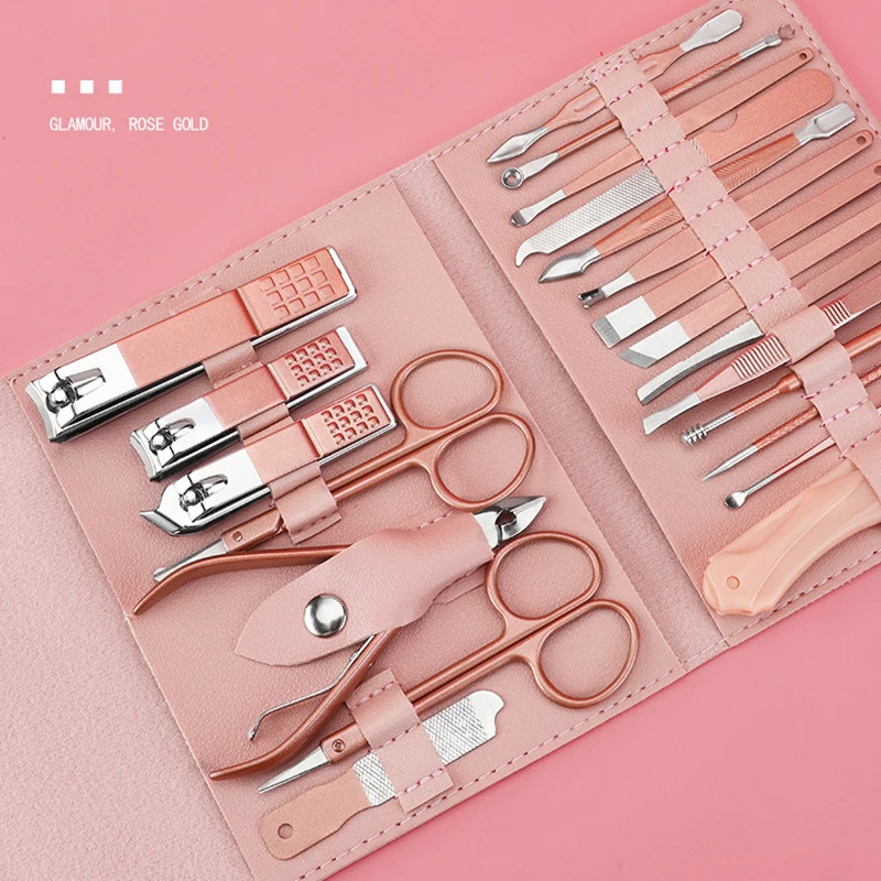 Rose Gold Nail Clipper Set Stainless Steel Manicure Nail Scissors Pedicure Kit Nippers Trimmer Care Tools With Pink Folding Bag 241225