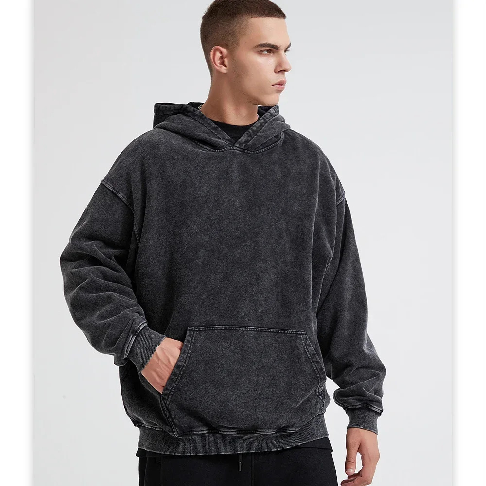 HAI Customizable Retro Washed Hoodies 100% Cotton Tops Black Acid Vintage Hooded Sweatshirts Oversize Hip Hop Male Pullover 241220