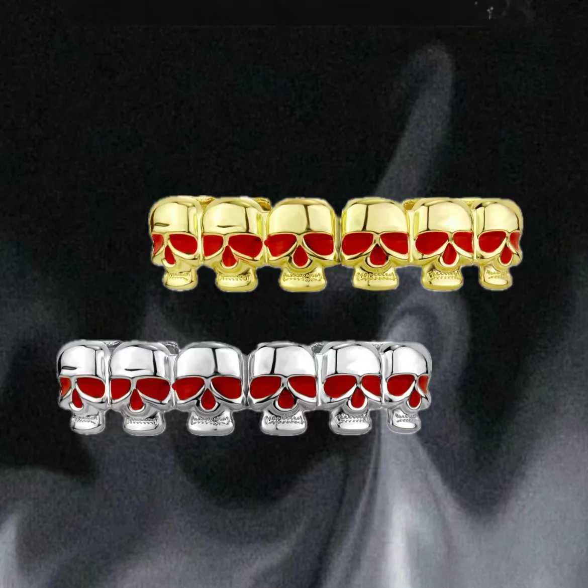 YOUNGX Hip Hop 6 Skul Tooth Grillz Top Bottom 14K Gold Plated Teeth Cs For Women Jewelry Halloween Cosplay GiftXJ241225
