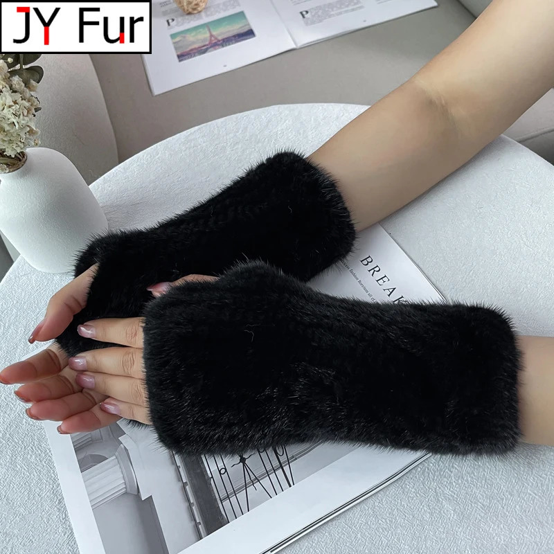 Top Quality Womens 100% Winter Warm Real Mink Fur Knitted Half Finger Gloves Girls Typing Mittens 241225