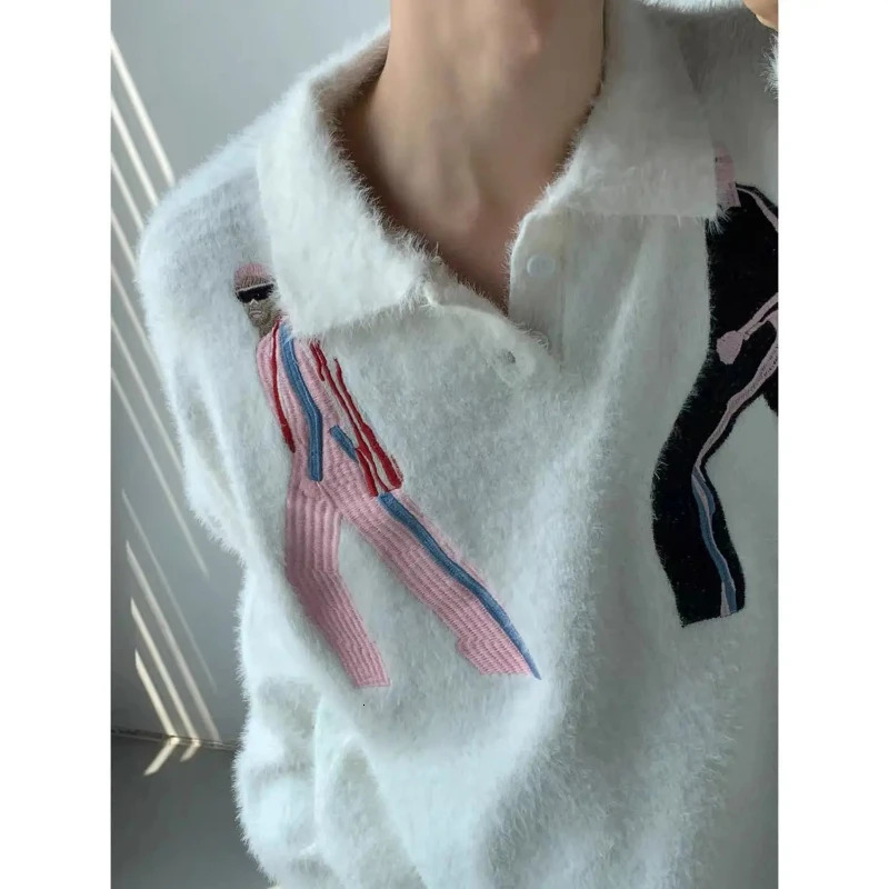 Lapel n jumper embroidered mink down sweater men winter comfortable loose y2k tight knit school style top 241225