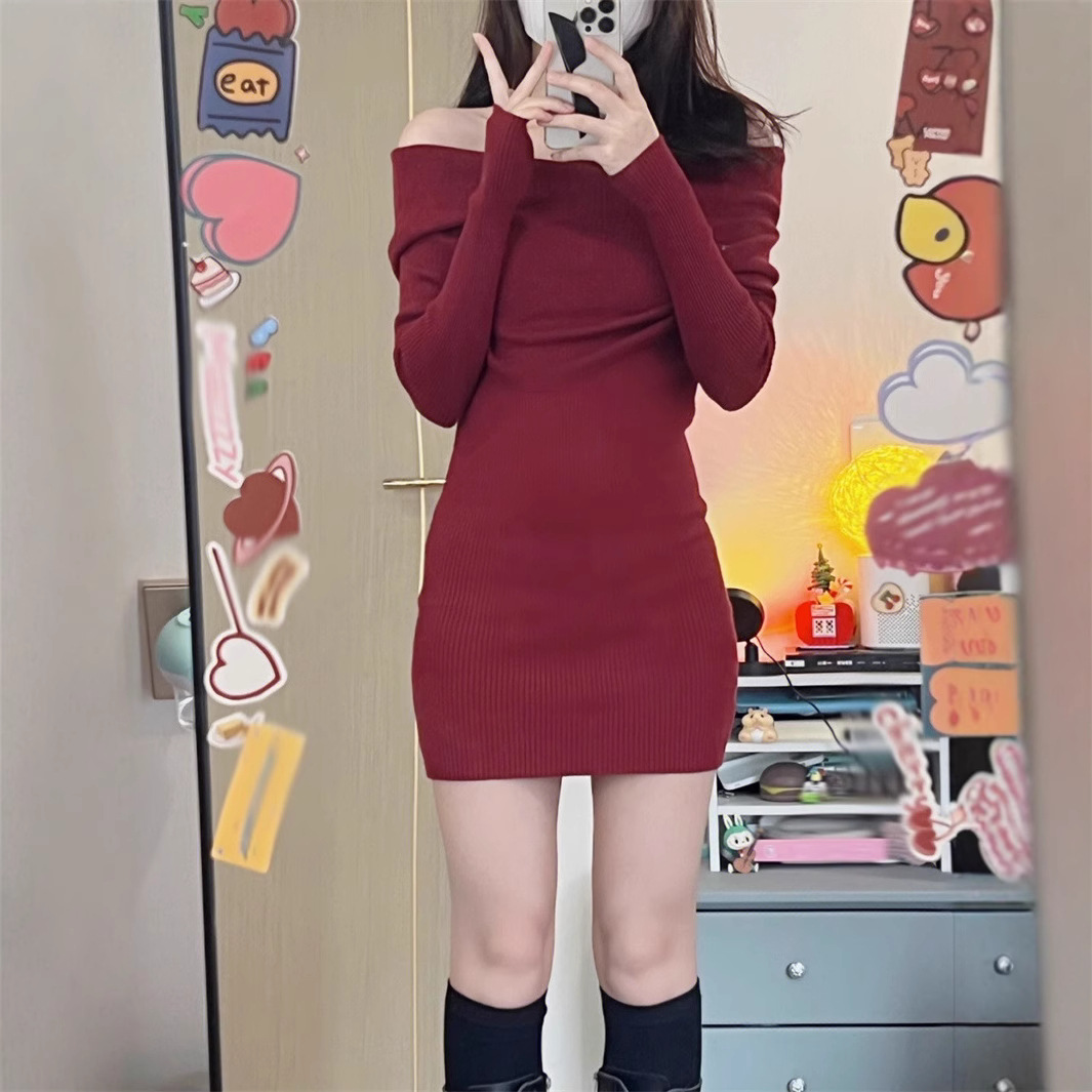 P1202 One-shoulder sexy hot girl long-sleeved dress female autumn and winter style slim hip skirt