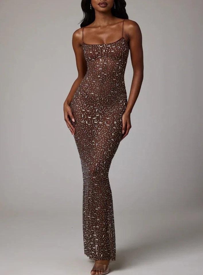 Diamond Long Evening Dress Women Spaghetti Straps Sleeveless Mermaid Slim Bodycon Dress One-piece Sexy Summer Clothes