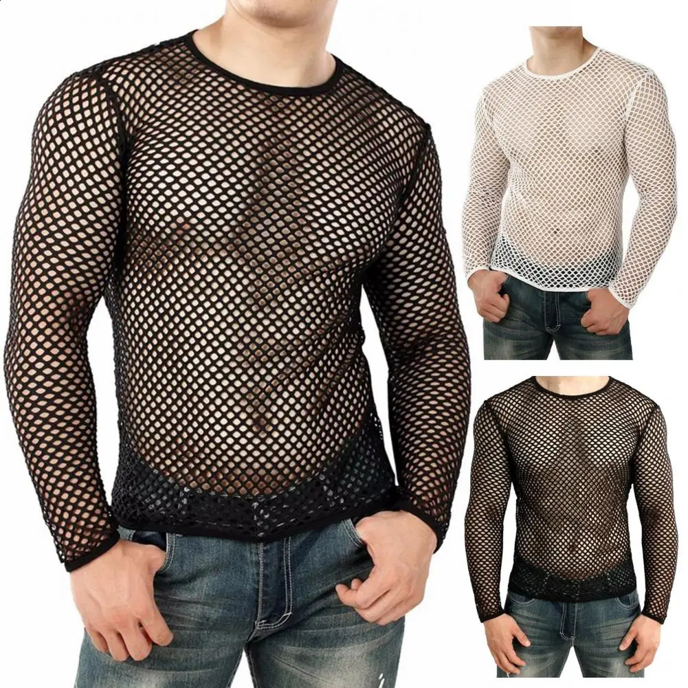 Men Mesh T Shirt Transparent Sexy Fishnet O Neck Long Sleeve Club Tshirt Party Nightclub Hollow Out Seethrough 241223