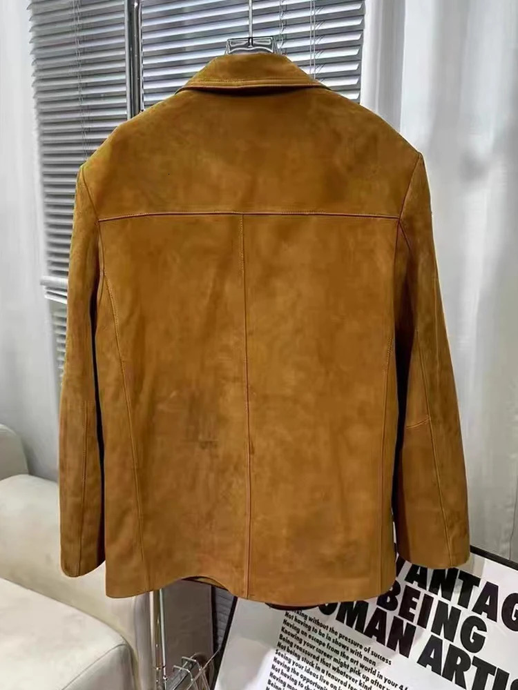 Vintage Brown Kid Suede Jacket for Women 2023 High Sense Loose Oversized Leather Suit Blazer Female Casual Coat Streetwear 241225