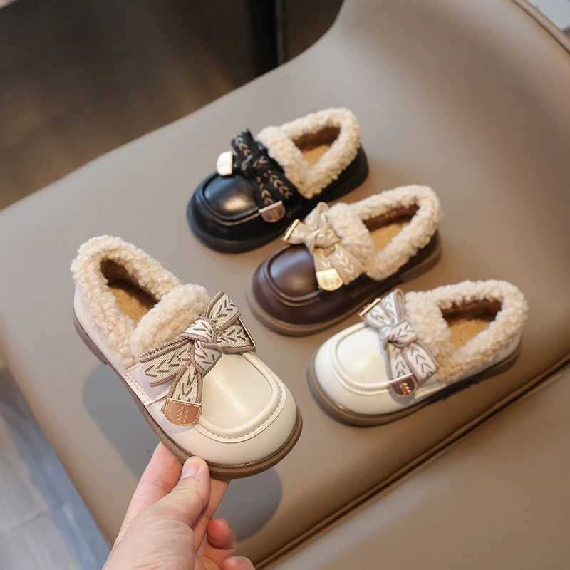 Athletic Outdoor 2-16 Years Old Girls Padded Leather Shoes Winter Beige Bow Girls Loafers Brown Soft Bottom Non-slip Childrens Snow Boots Shoes H24122