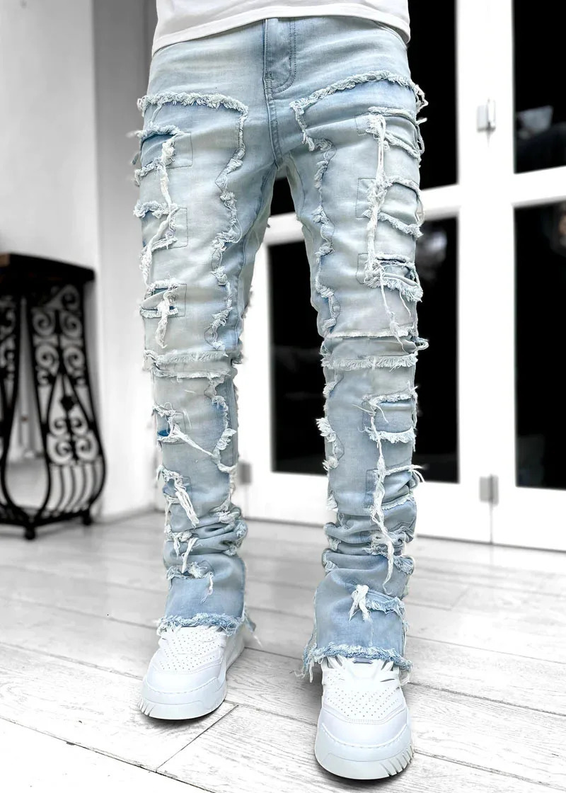 High street white men's stack jeans Stretch patchwork fringe broken denim trousers Men's fashion pants 241231