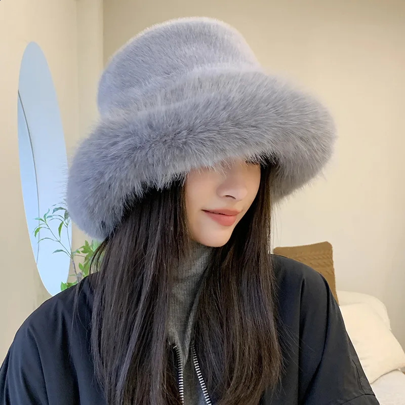 Winter womens artificial fur bucket hat thick snow oversized soft Panama 241223