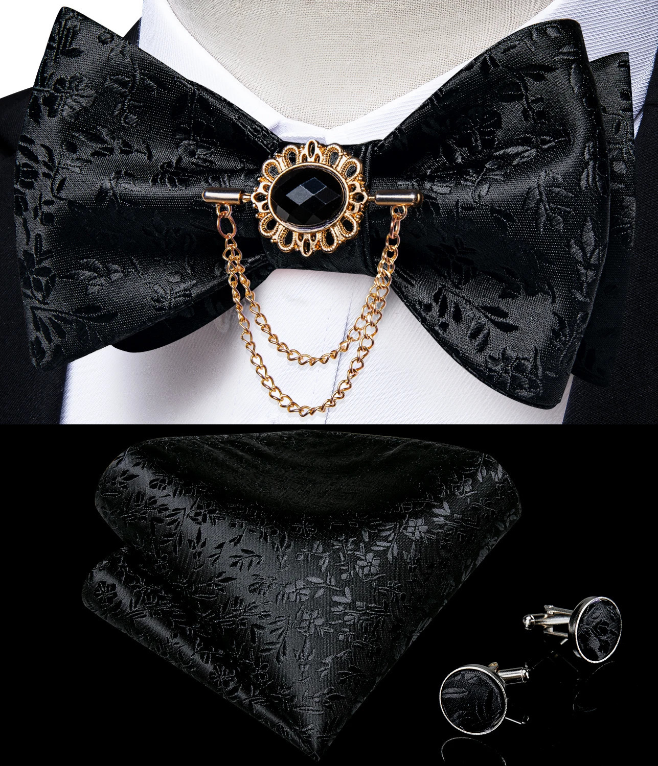 Black Floral Solid Self Tie Bow Tie Men Fashion Butterfly Silk Formal Business Wedding Party Bowtie Handkerchief Set DiBanGu 241225
