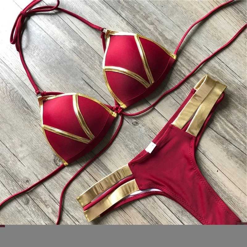 2024 new red swimsuit push up swimsuit womens Biquini apron swimsuit gold stamping Brazilian bikini set thong sexy bikiniW241225
