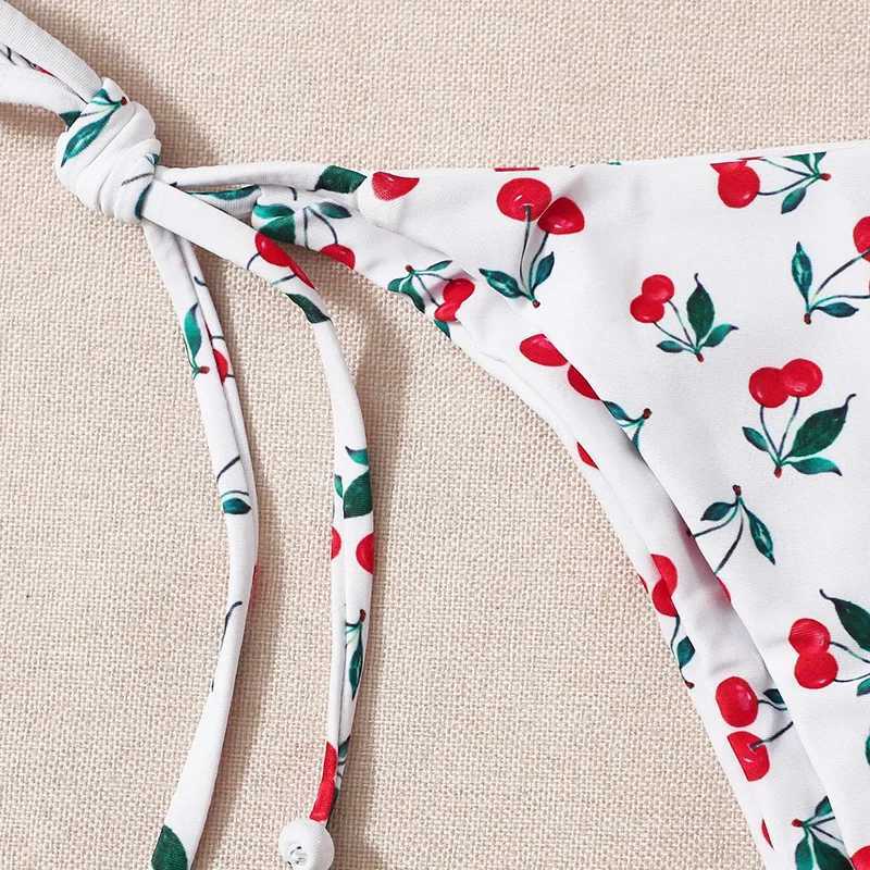 Cherry Print swimsuit suspender mini bikini thong sexy swimsuit womens lace top yukata triangle bikini 2024 MUJIW241225