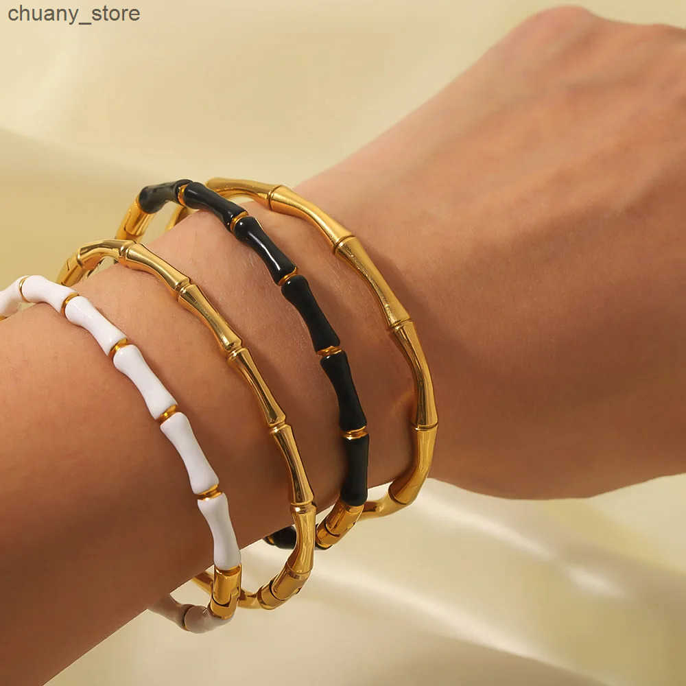 Chain Stylish Skeleton Bangle Gold-Plated Bamboo Bead Enamel Color s for Women Stainless Steel Punk Style Jewelry Party Gift L240910