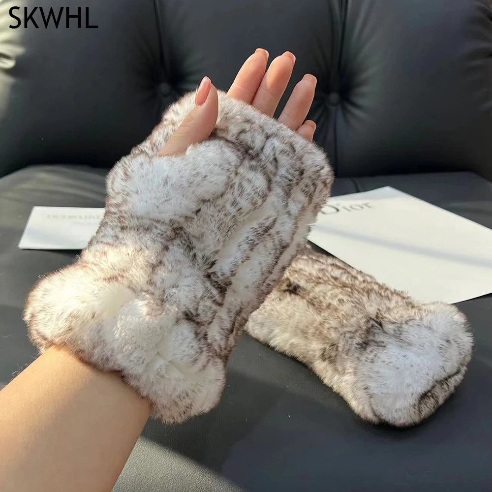 Style Fashion 100% Genuine Rex Rabbit Fur Lady Gloves Women Winter Keep Warm Real Fur Glove Elastic Knit Outdoor Fur Mittens 241225