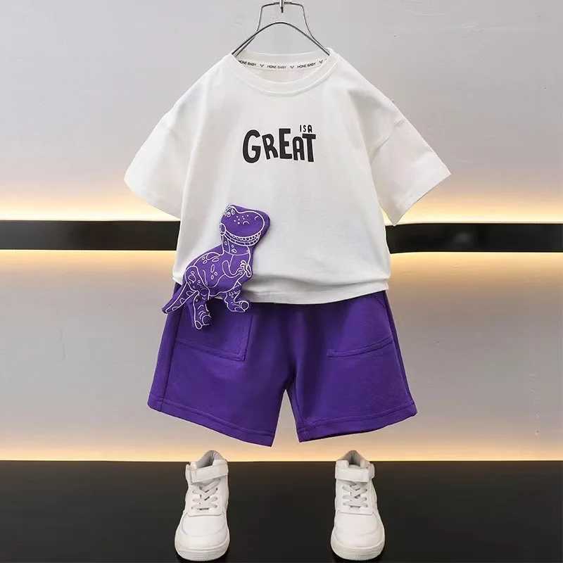 Clothing Sets Summer childrens girls and boys clothing set childrens cartoon dinosaur short sleeved zipper top and shorts 2-piece set letter setY24122