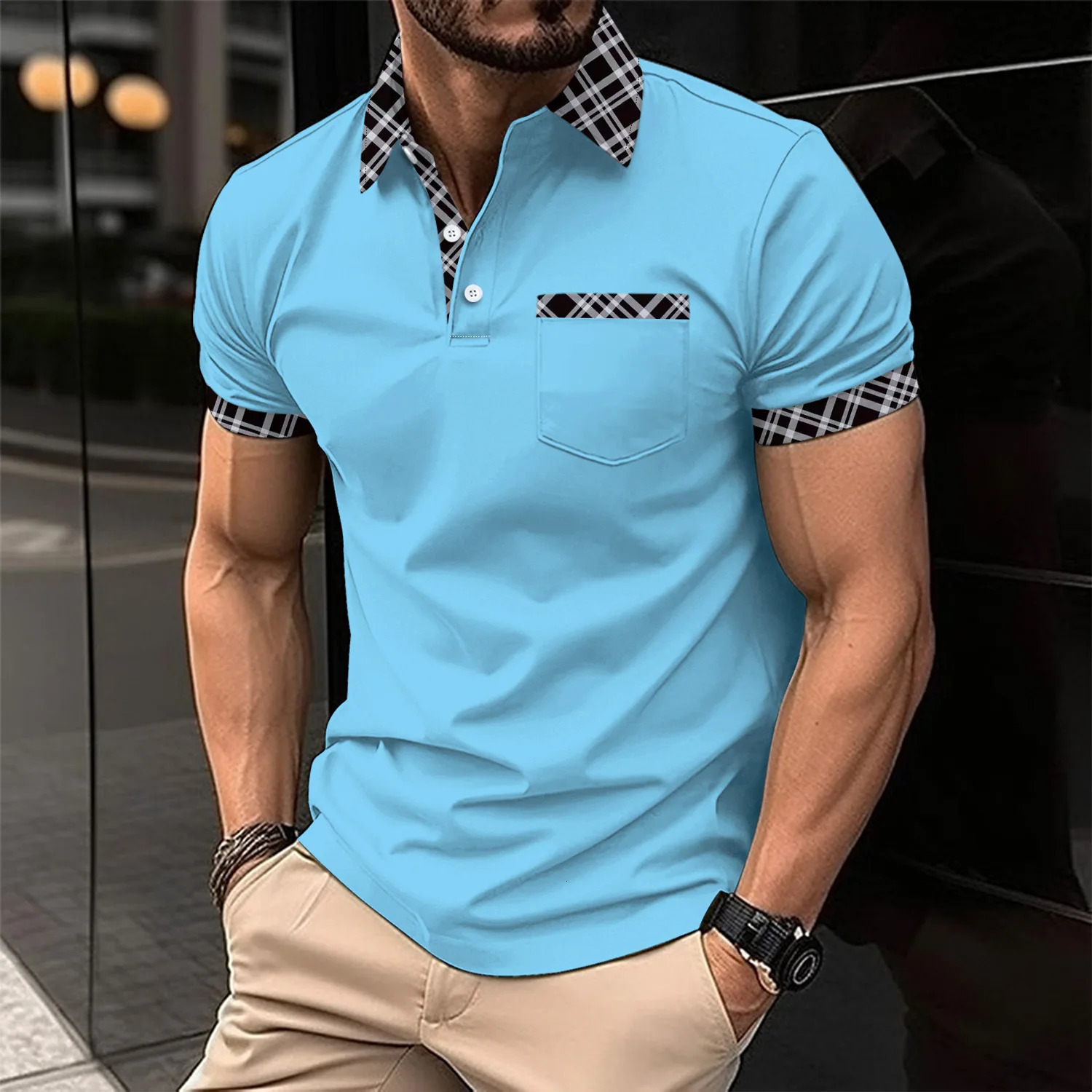 Summers -Selling Mens Checkered Collar POLO Shirt Button Lapel Mens Short Sleeve Chest Pocket Street Mens Clothing 241224