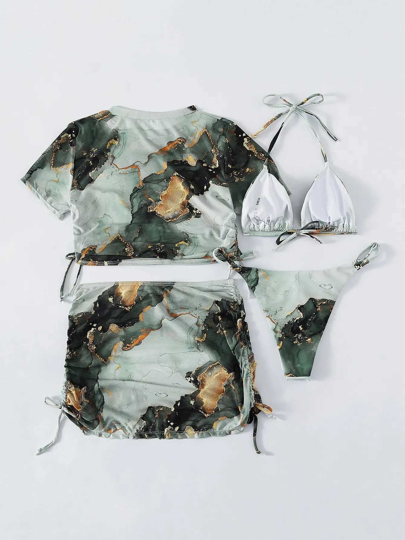 4 pieces of camisole bikini swimsuits marble print covering 2024 swimsuits womens beachwear shower swimsuits summer womens swimsuitsW241225