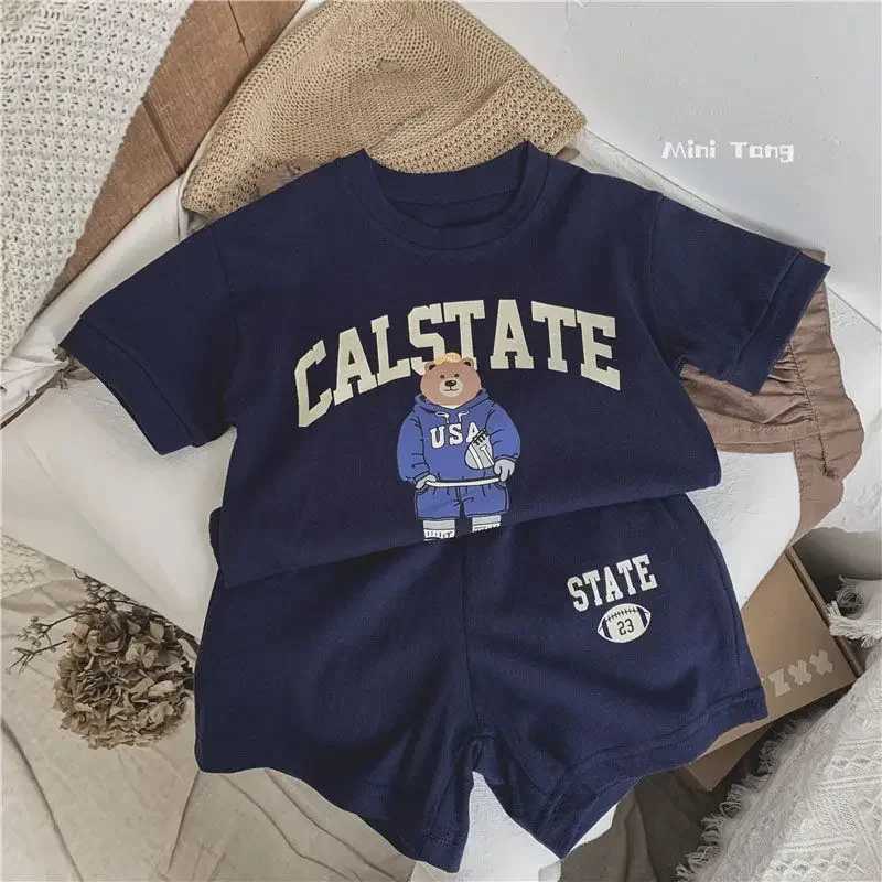 Clothing Sets Korean Baby Boy Summer Cotton Clothes Set Cartoon Bear Colorful Tees T Shirts+Loose Shorts Suit 2PCS Pack Infant Girls TracksuitY241225U