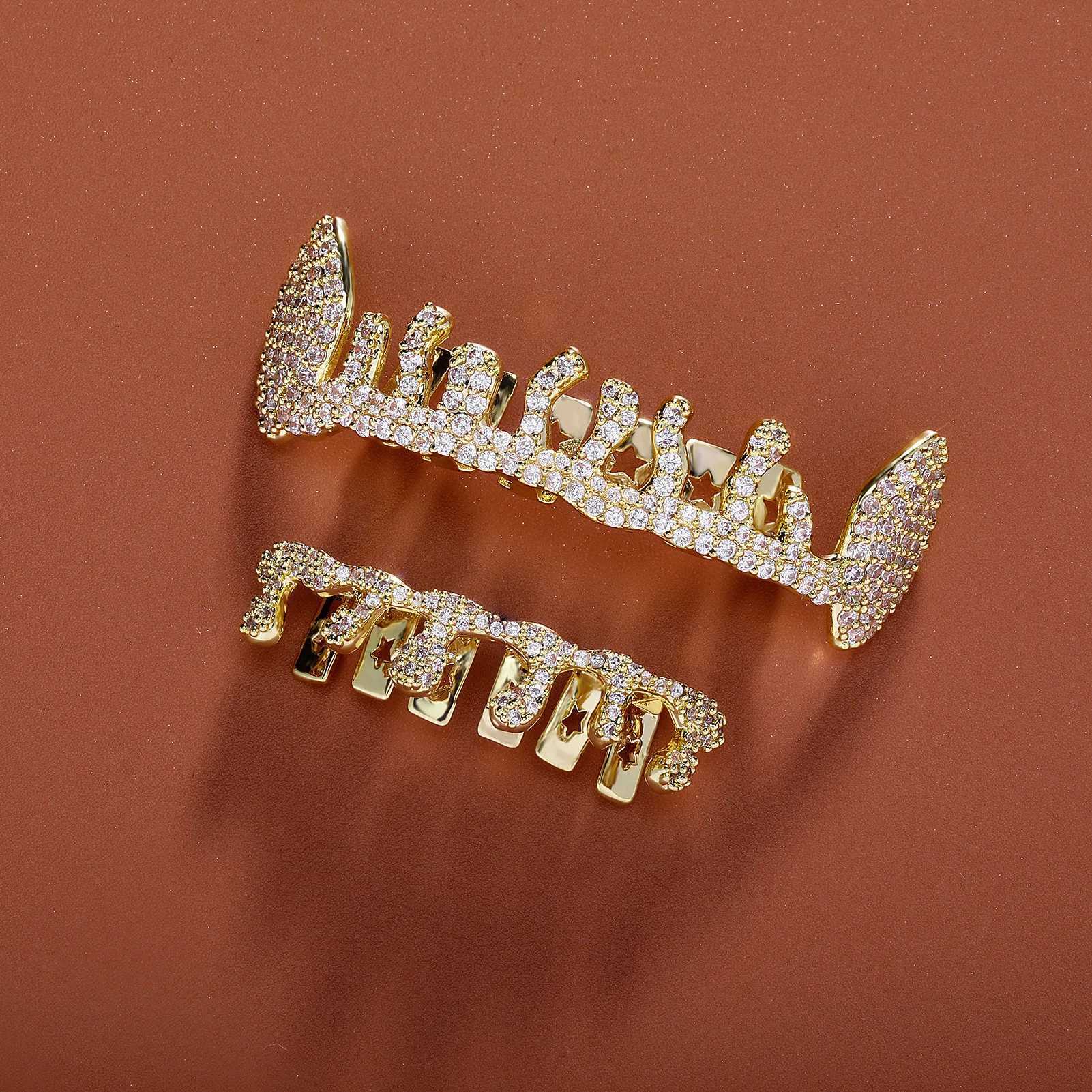 RACHELZ 2024 Hip Hop Water Drop Flame Zircon Teeth Grillz 14K Gold Plated CZ Stone Tooth Cs For Women Men JewelryXJ241225