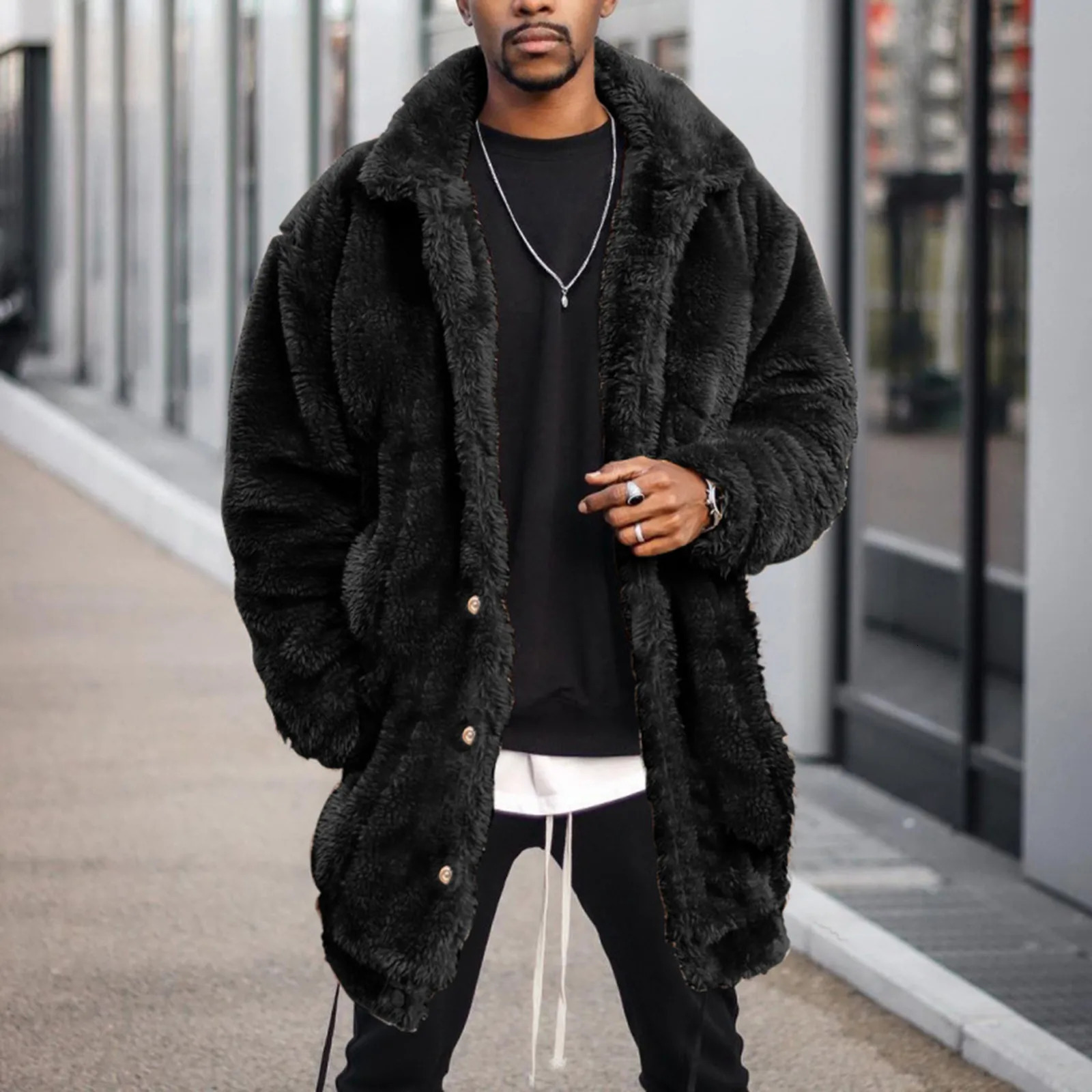 Winter Men Fluffy Fleece Thick Warm Coat Jacket Long Sleeve Hooded Plush Buttons Clre Thicken Outerwear 241225