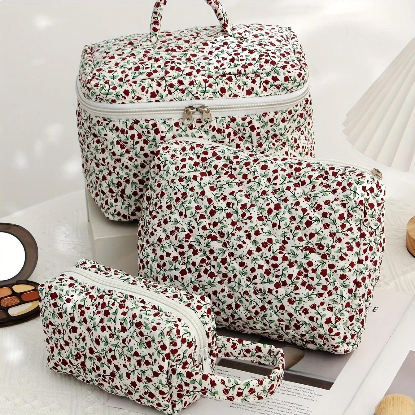 3 Pcs Cotton Quilted Makeup Bag SetFloral Makeup Bag Travel Makeup BagLarge Toiletry Cosmetic Bag Makeup Bag Organizer 250221
