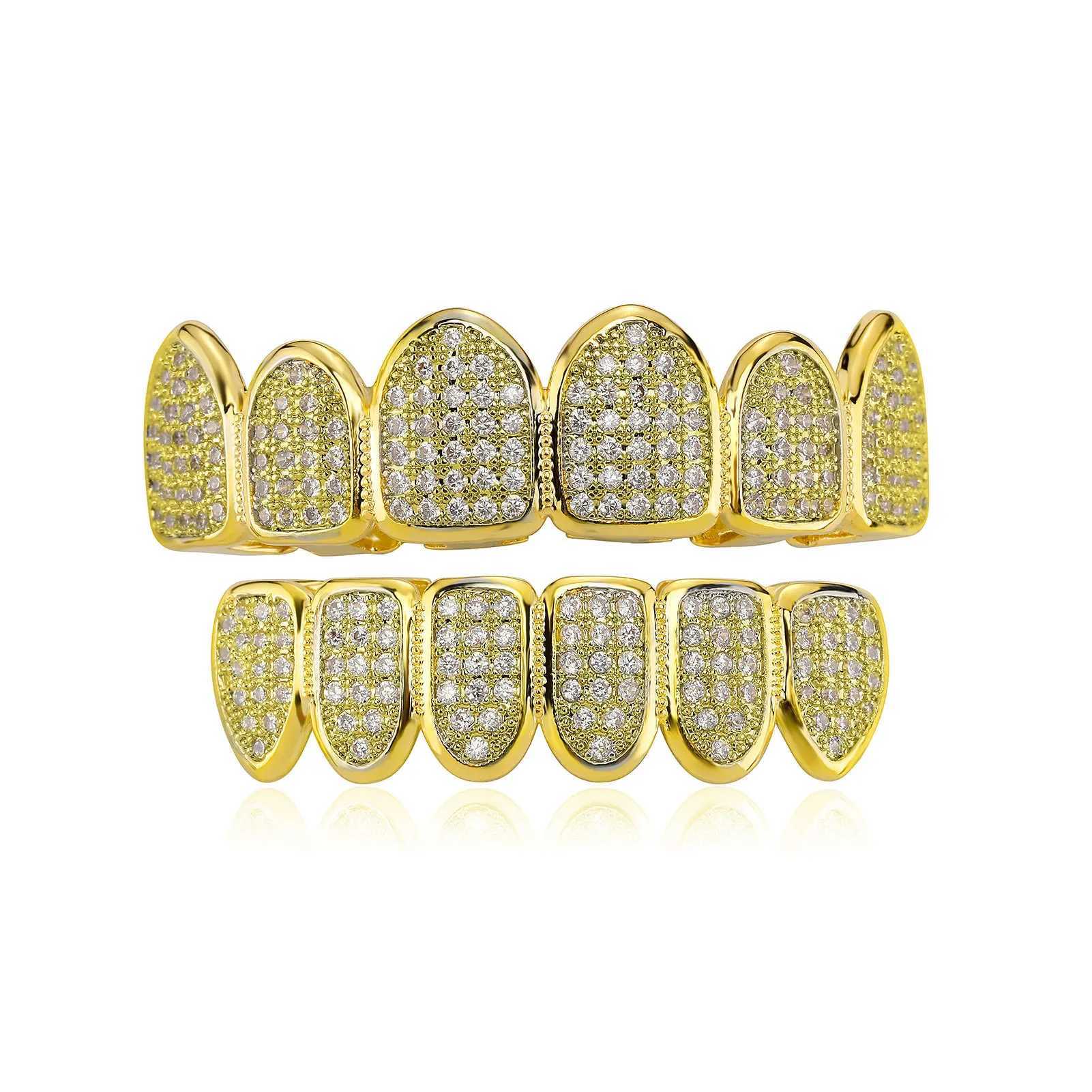 YOUNGX Hip Hop 6/6 d Out CZ Stone Tooth Grillz Top Bottom 14K Gold Plated Zircon Teeth Cs For Men Women JewelryXJ241225