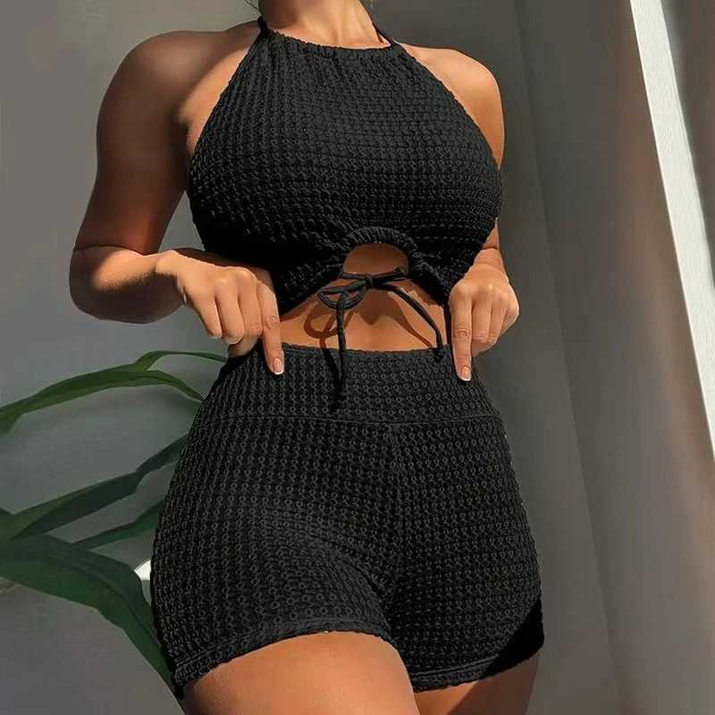 Sexy high waisted bikini 2025 womens high neck swimsuit womens swimsuit solid swimsuit summer swimsuitW241225