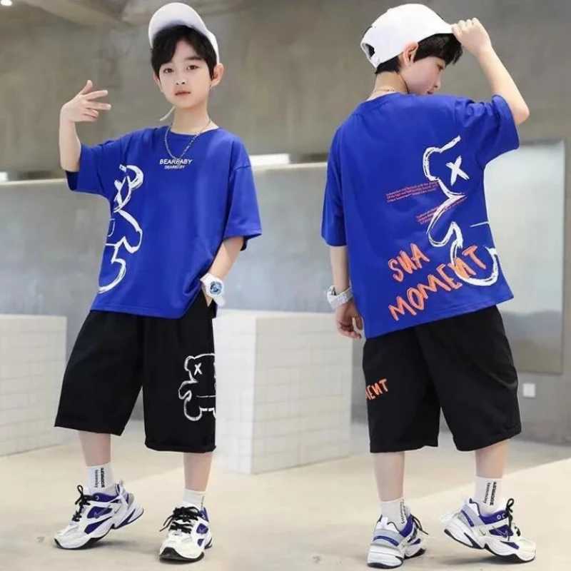Clothing Sets Childrens boutique clothing boys summer cartoon bear T-shirt loose shorts 2-piece set boys letter dress casual setY241225NHQ6