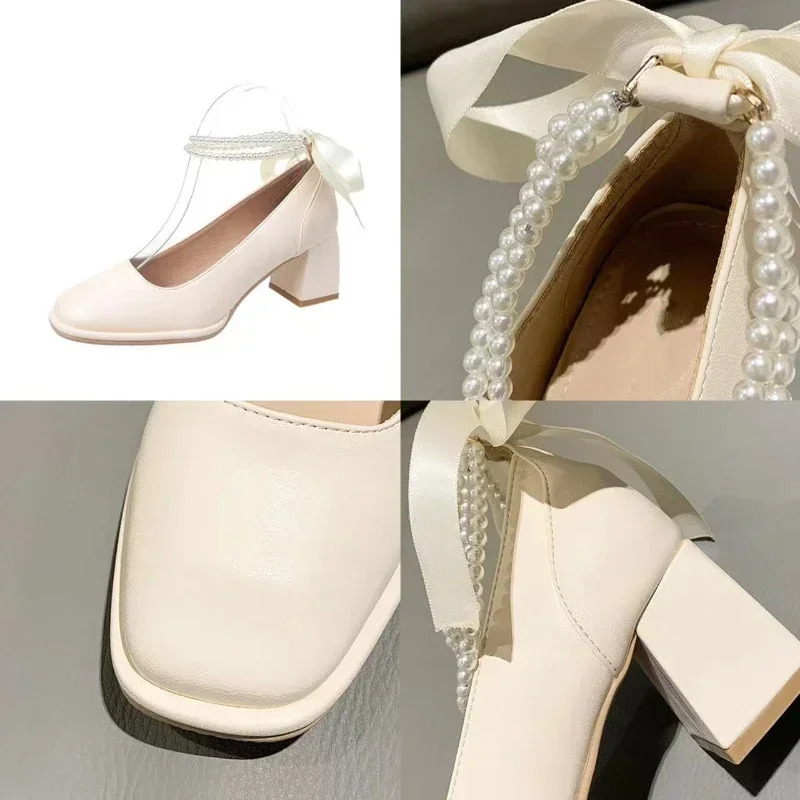Womens High Heels Bow Tie Thick Heel Square Toe Womens Shoes Shallow Mouth Mary Jane Shoes Fashion Party Shoes Zapatos 241225