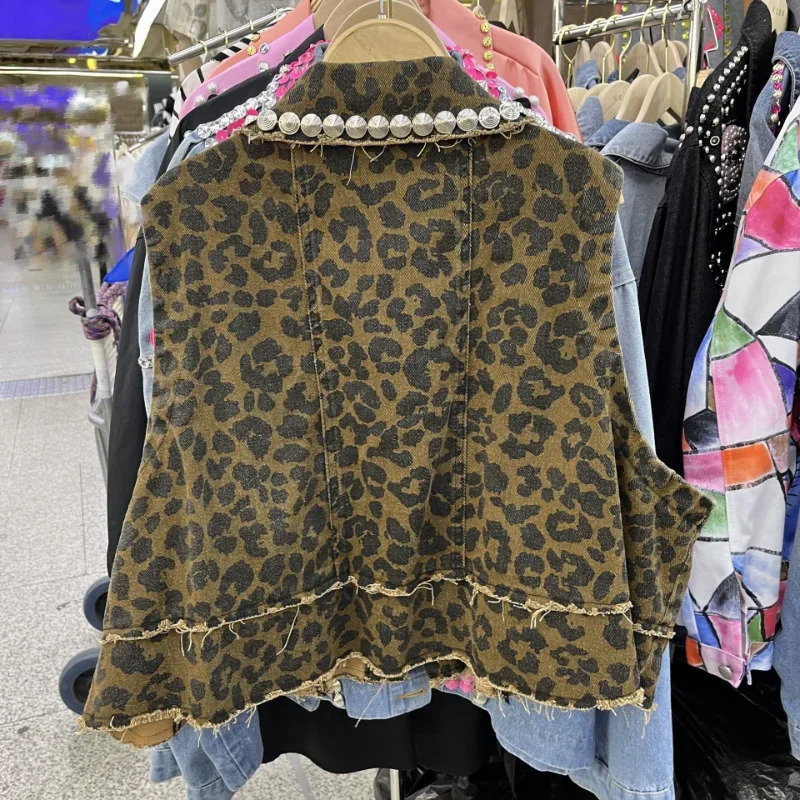 Women Leopard Print Sequined Denim Vest Summer Sleeveless Rivets Jeans Coat High Waist Rhinestones Jacket Waistcoat Crop Tops 241223