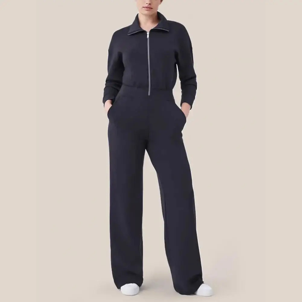 Wide Leg Jumpsuit Cozy Lapel Zipper Jumpsuit for Women Solid Color Ninth Sleeve Wide Leg with Pockets Fall Winter Lady Outfit 241224
