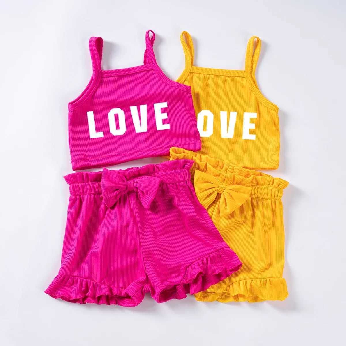 Clothing Sets Baby Girl Alphabet Printed Set LOVE Printed Camisole Top + Solid Color Ruffle Shorts Set Cute Baby Clothing 0-24MY241225O7VI