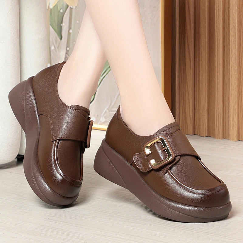 Spring Shoes Female Genuine Leather Platform Round Toe Vintage Women Shoes Large Size Wedge Casual Non-Slip Shoes Women