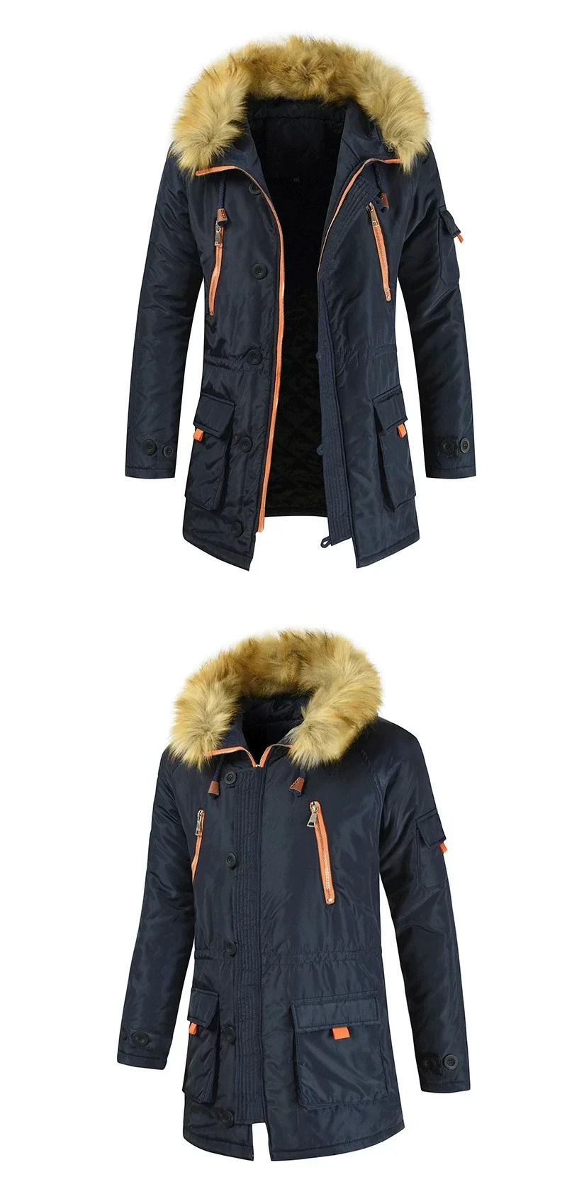 2024 Winter Casual Mens Jacket Large Fur Collar Thickened Cottonpadded Couple Youth Medium Long Hooded Coat 241225