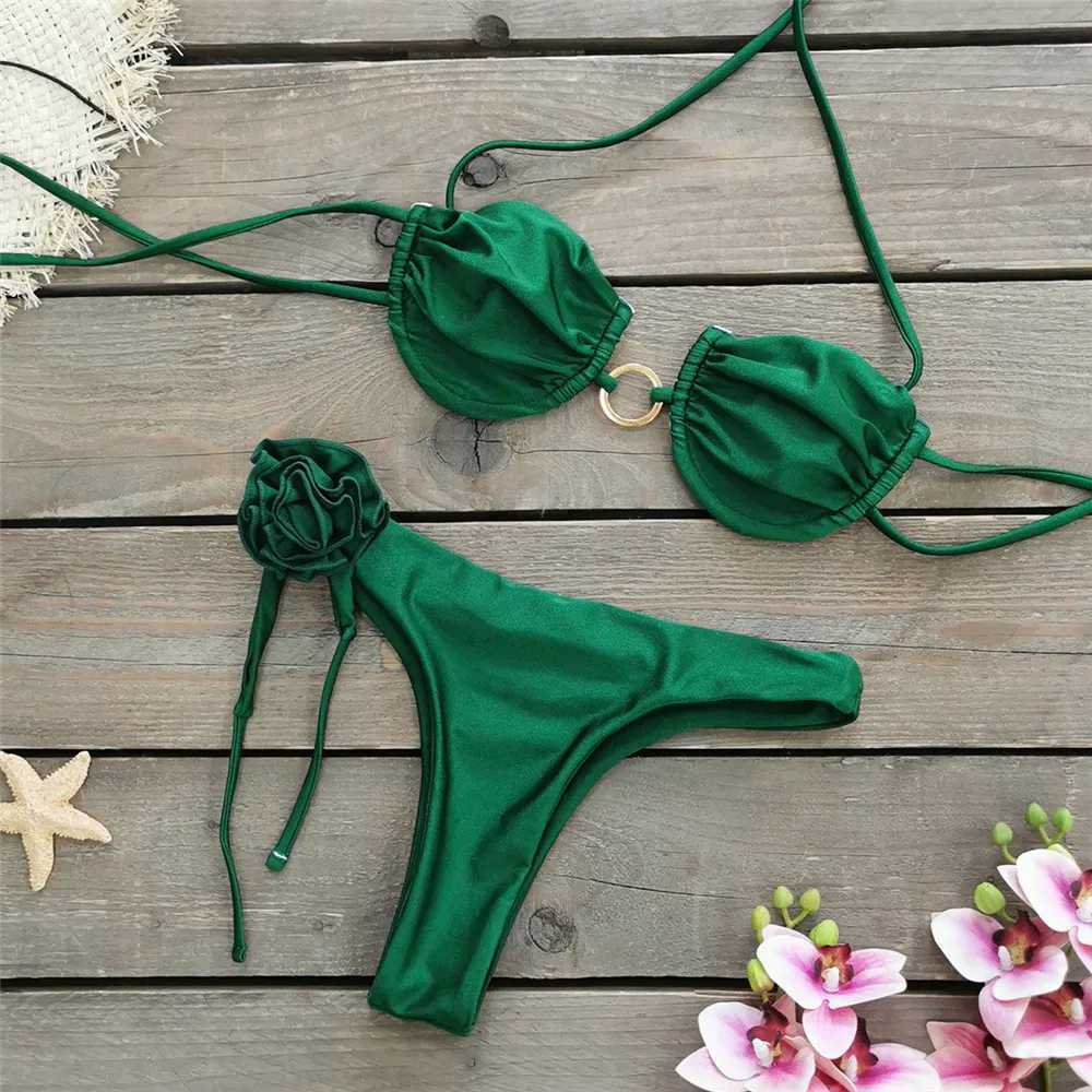 3D floral push up bikini set bead suspender swimsuit mini thong sexy swimsuit womens metal ring swimsuit bikini 2024 MuejerW241225