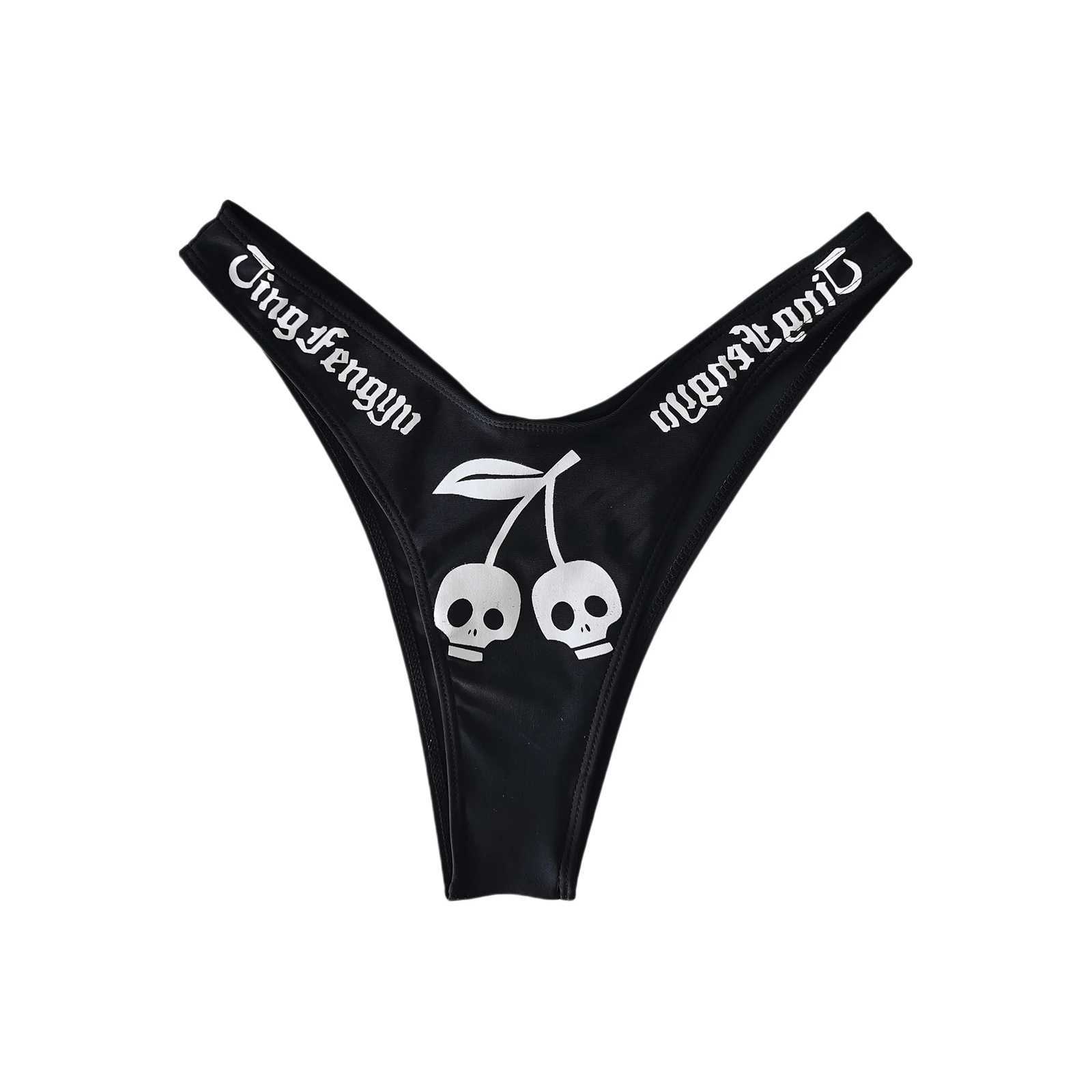Yiiciovy womens swimsuit bikini set Halloween skull letter printing V-neck push up pad bikini+elastic waist Brazilian bikiniW241225